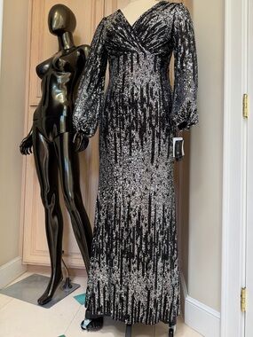Betsy & Adam Black and Silver Sequin Maxi Dress